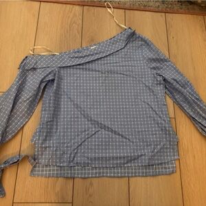 J.O.A. Blue Checkered Off-Shoulder Top